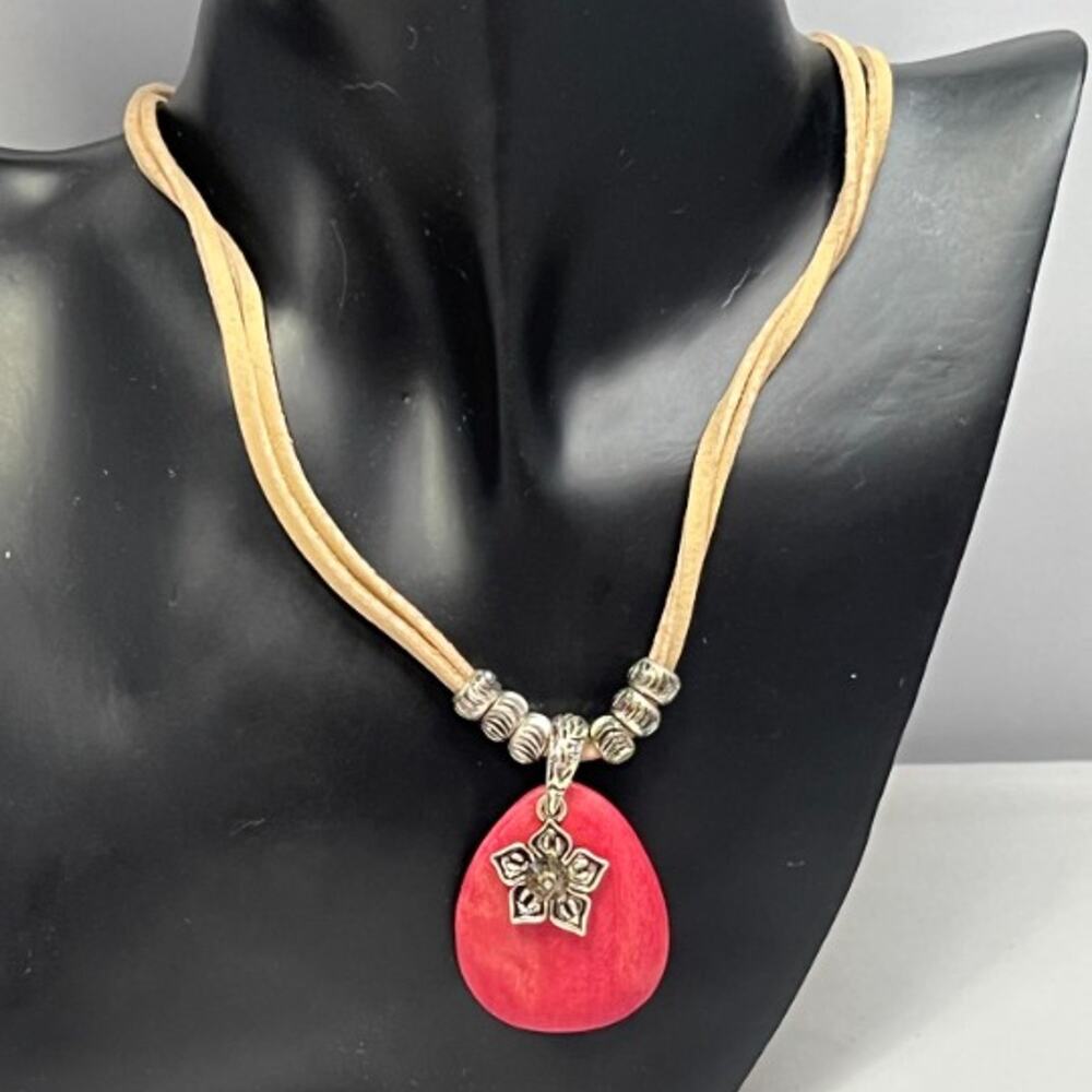 New York & Company red wood pendant and leather necklace
